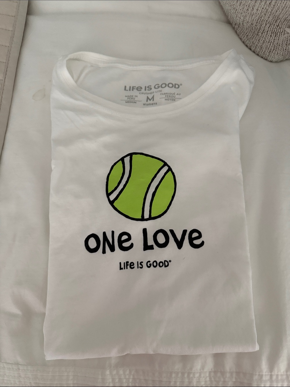 Life Is Good White Tee with Lime Tennis Graphic - One Love